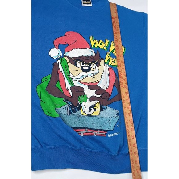 Vintage Looney Tunes Christmas Taz Santa Ho Ho Ho L Sweatshirt Blue Tultex USA - Picture 5 of 16